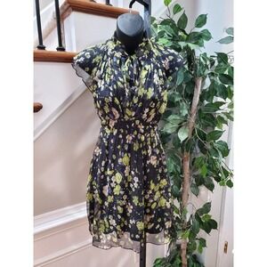 Bizz Women's Black Floral 100% Silk Sleeveless Knee Length Dress Small